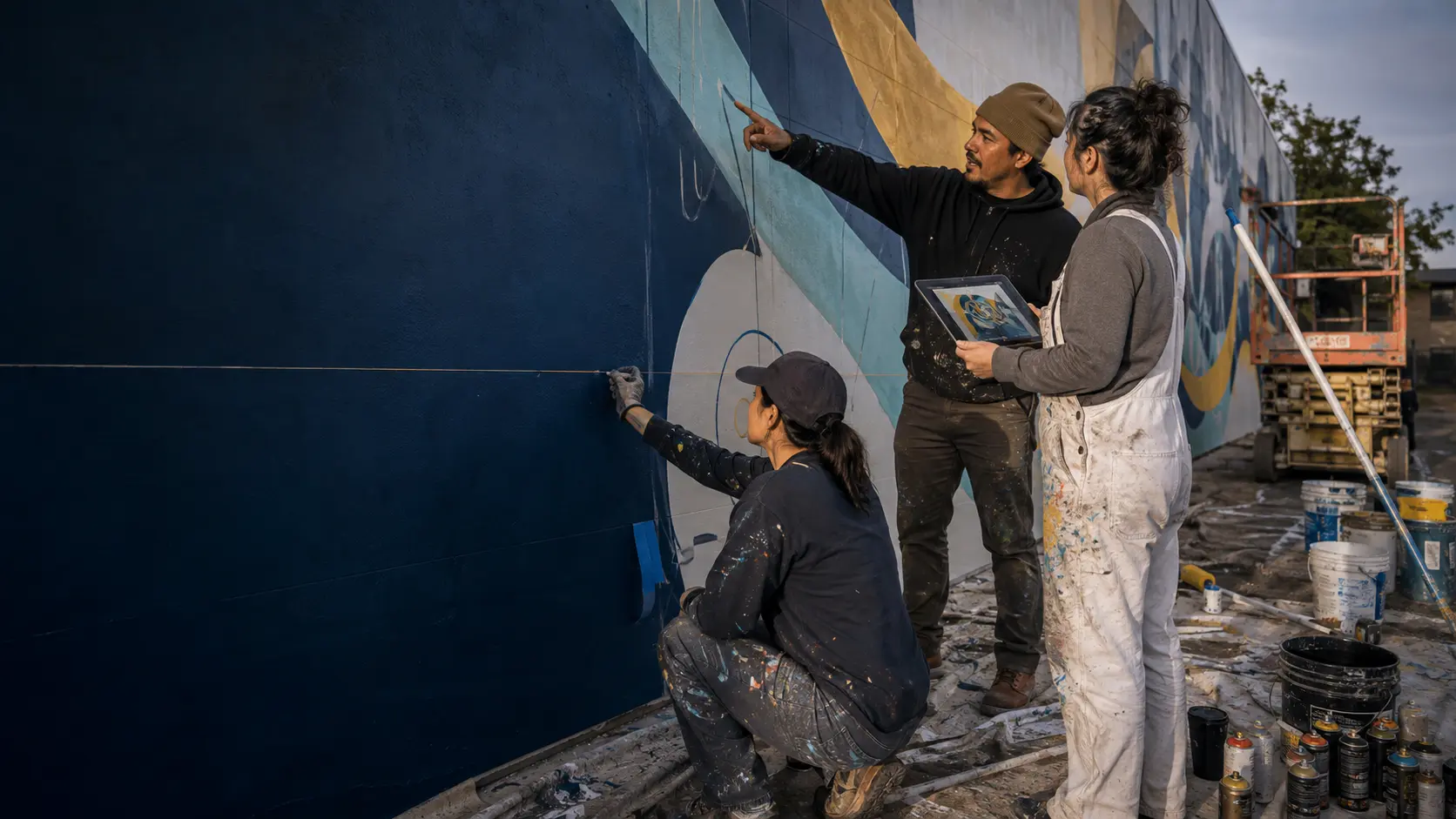 Pacific Mural Exchange artists reviewing a mural design together at an active project site.
